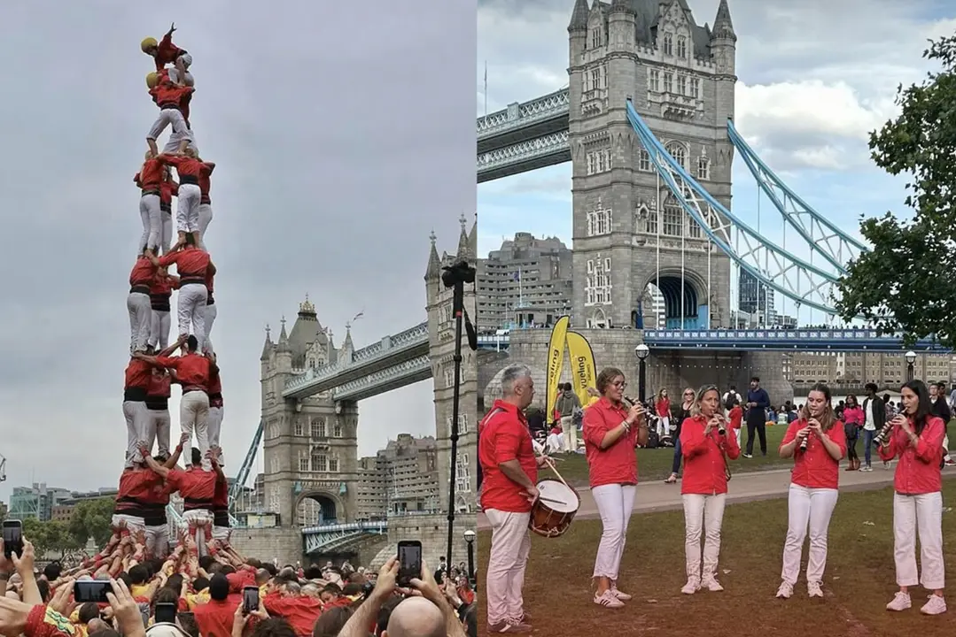 Colla Joves Xiquets de Valls actuant a Londres davant del Tower Bridge. Imatge X @revistacastells