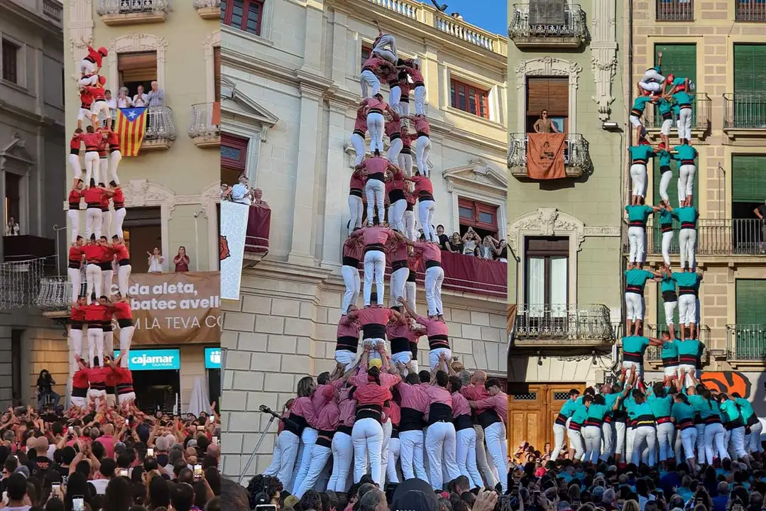Castells al Mercadal de Reus 2025. Imagen Instagram @jovesvalls @collavella @castellersdevilafranca