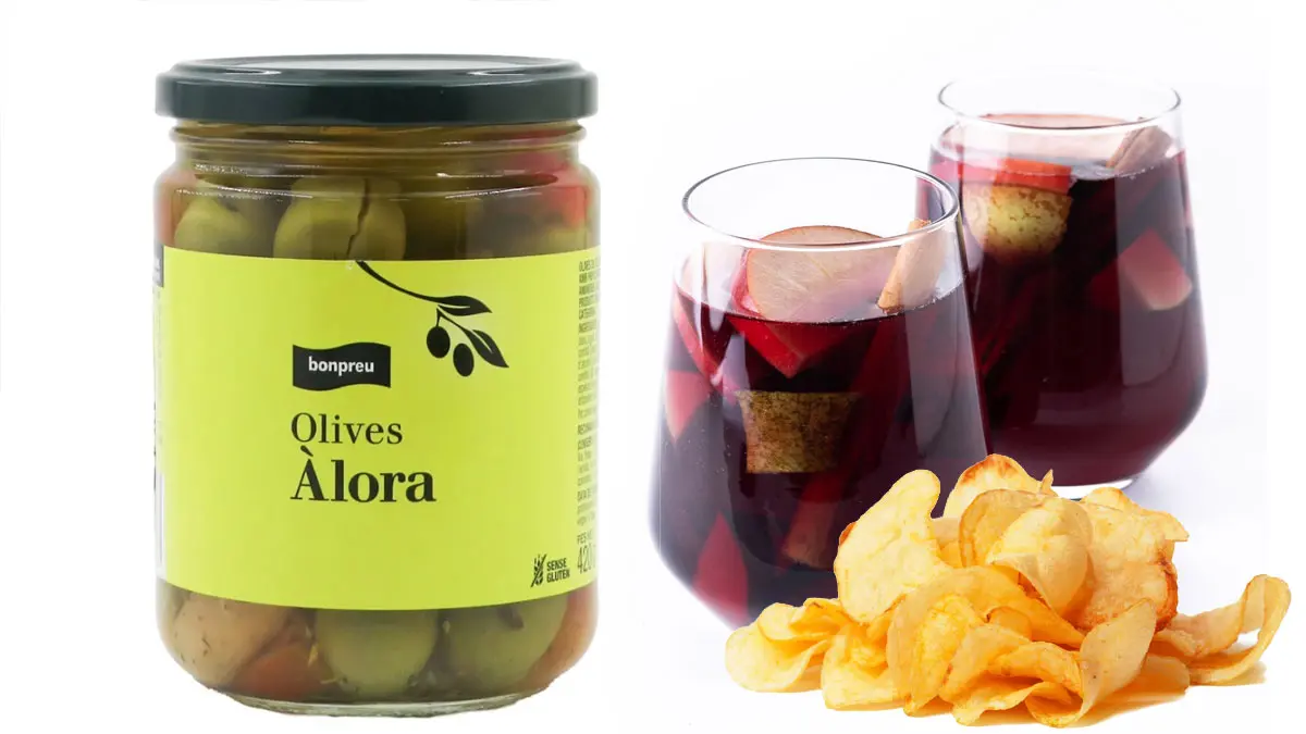 Pot d&rsquo;olives Bonpreu al costat d&rsquo;un vermut i patates
