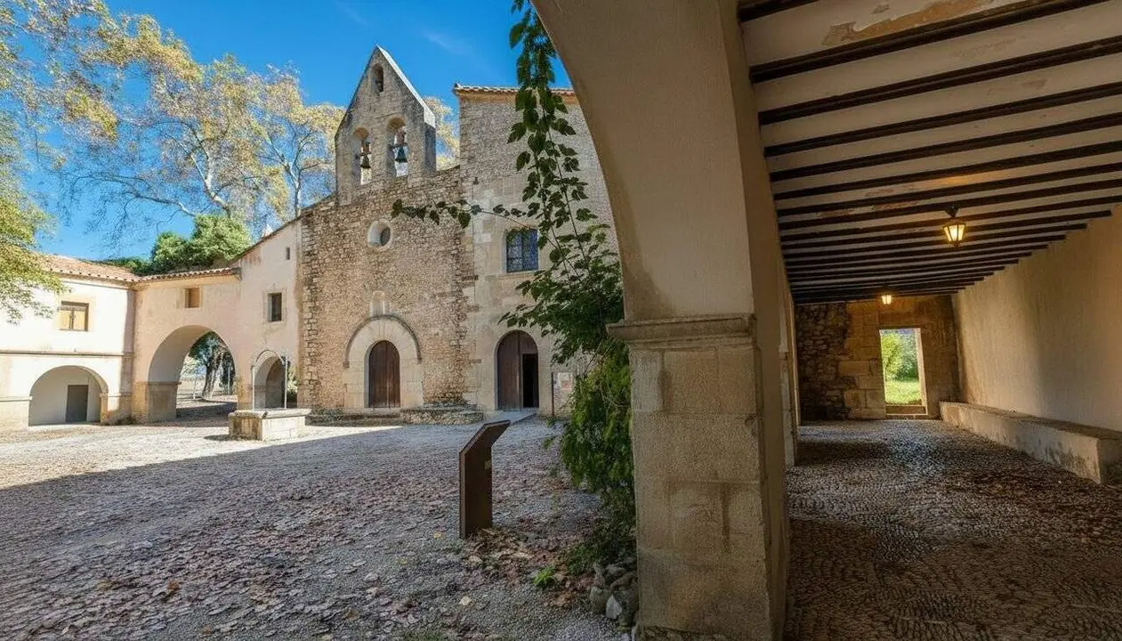 Zona porxada i placeta davant l'Ermita Hostatgeria de Sant Pau d'Alboc&agrave;sser, a l'Alt Maestrat.
