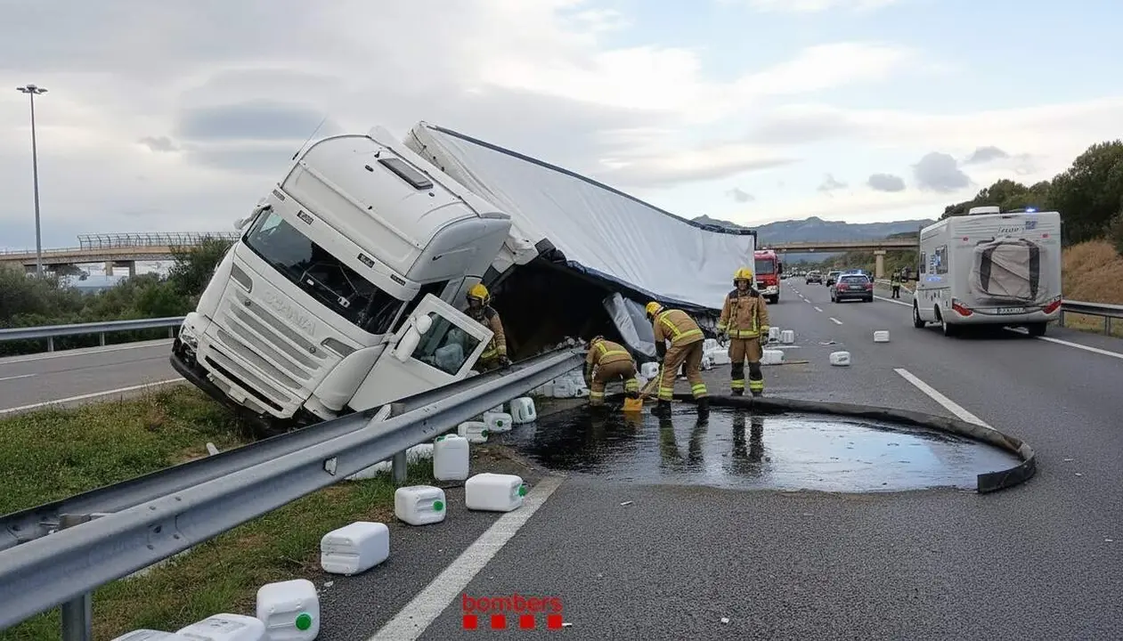 Cami&oacute; bolcat a l&rsquo;AP-7 a Mont-roig del Camp amb fuita de combustible i carga de fertilitzants escampada a la via