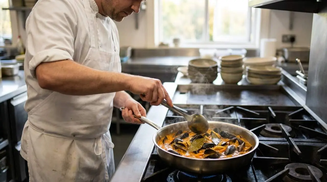 Rub&eacute;n cuiner preparant musclos en escabetx amb la recepta secreta millor guardada per a combinar sabors aut&egrave;ntics