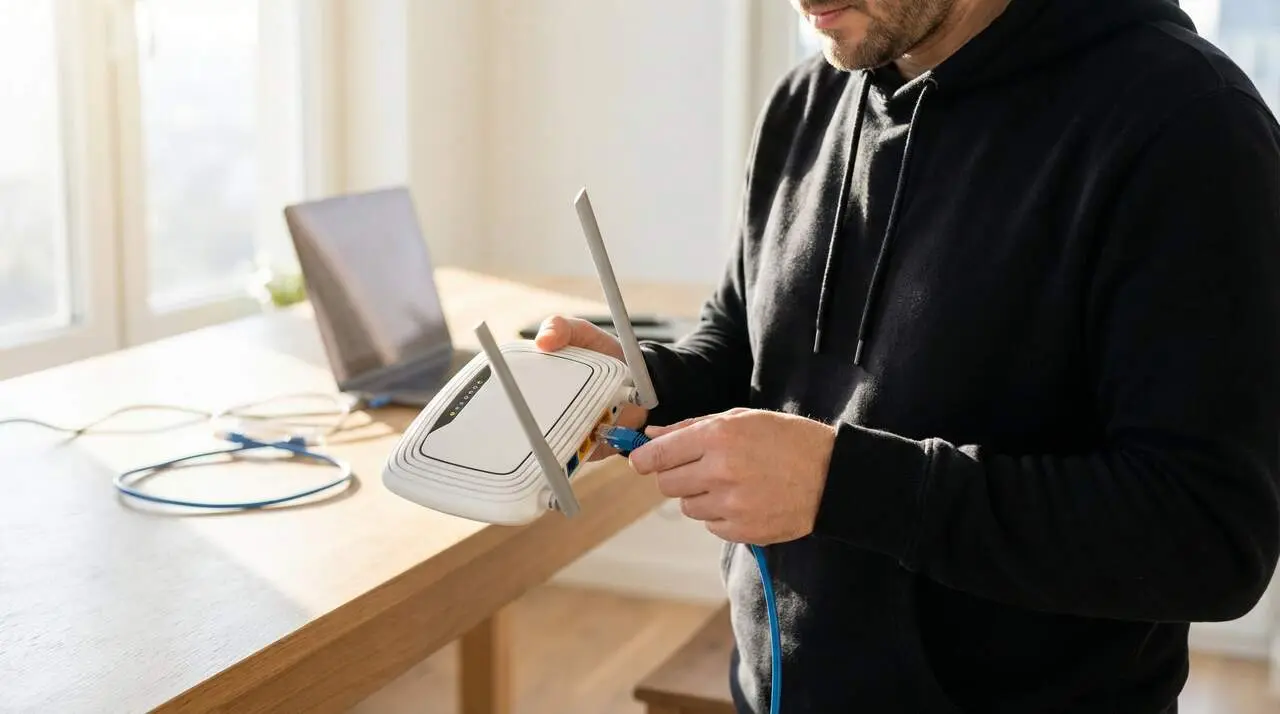 Home subjectant un m&ograve;dem WiFi blanc amb llums encesos per millorar la connexi&oacute; a casa de manera r&agrave;pida i eficient