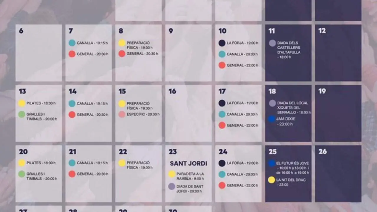 Calendari 2026 complet d&rsquo;actuacions i assajos de la Colla Jove de Tarragona per no perdre cap cita castellera important