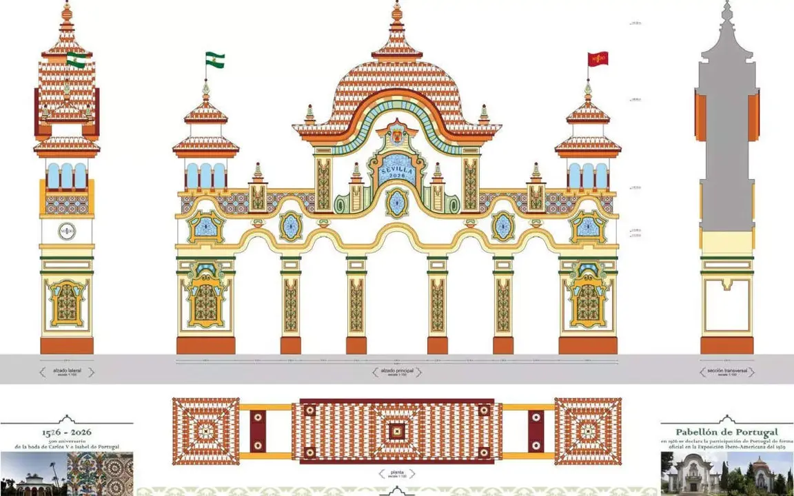 Portada de la "Feria de Abril 2026", inspirada en el Pavell&oacute; de Portugal per a l'Exposici&oacute; Iberoamericana de 1929, dissenyada per Davide Gambini.