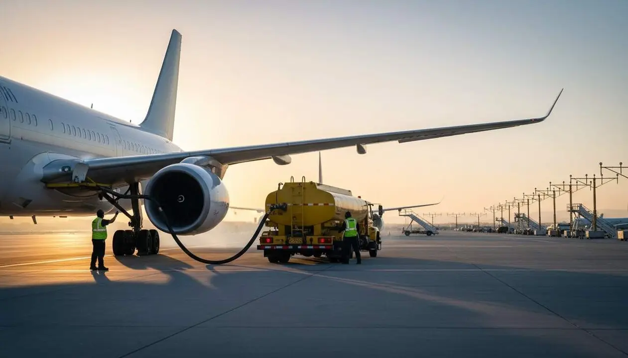 Imatge d&rsquo;un aeroport europeu amb avi&oacute; al terra carregant-se de combustible. Recreaci&oacute; amb IA.