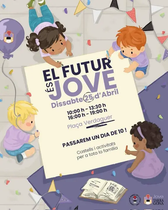 Fam&iacute;lies gaudint dels castells i activitats a la pla&ccedil;a Verdaguer de Tarragona el 25 d&rsquo;abril en festa popular &mdash; Imagen generada por IA