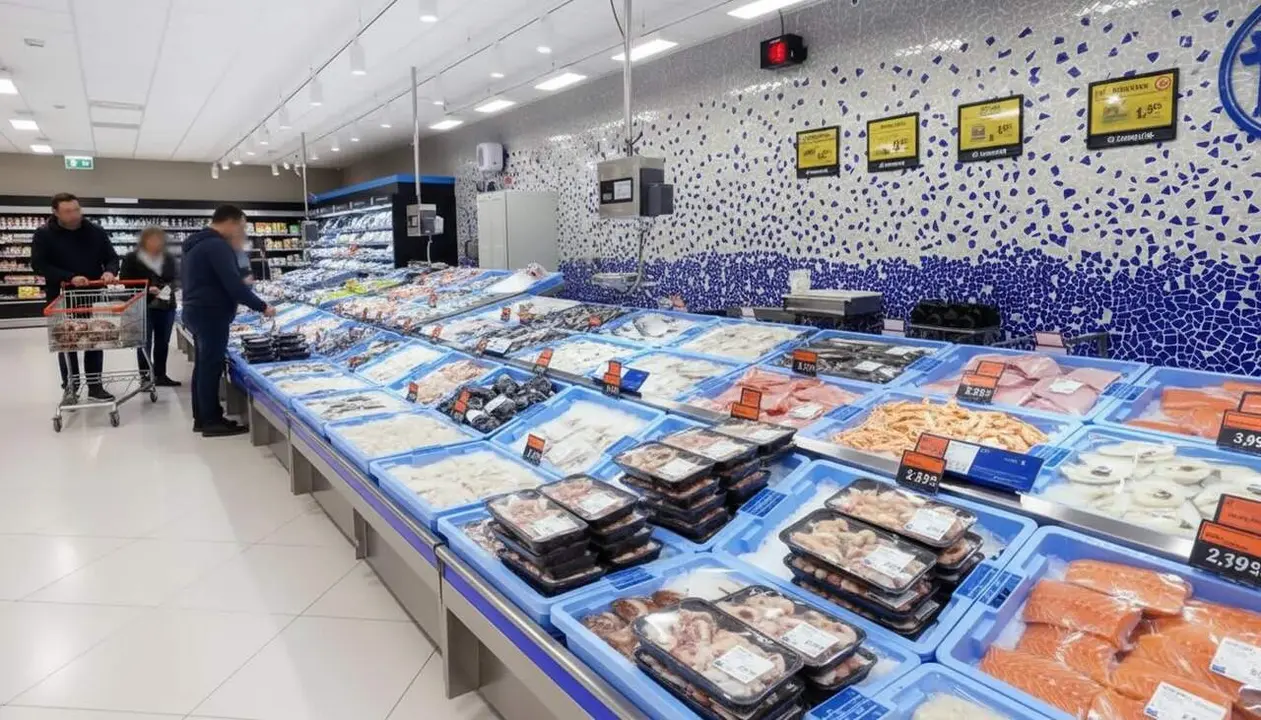 Interior d&rsquo;un Mercadona amb la nova pescateria sense taulell que ofereix peix fresc preparat i en safates per comprar &mdash; Imagen generada por IA