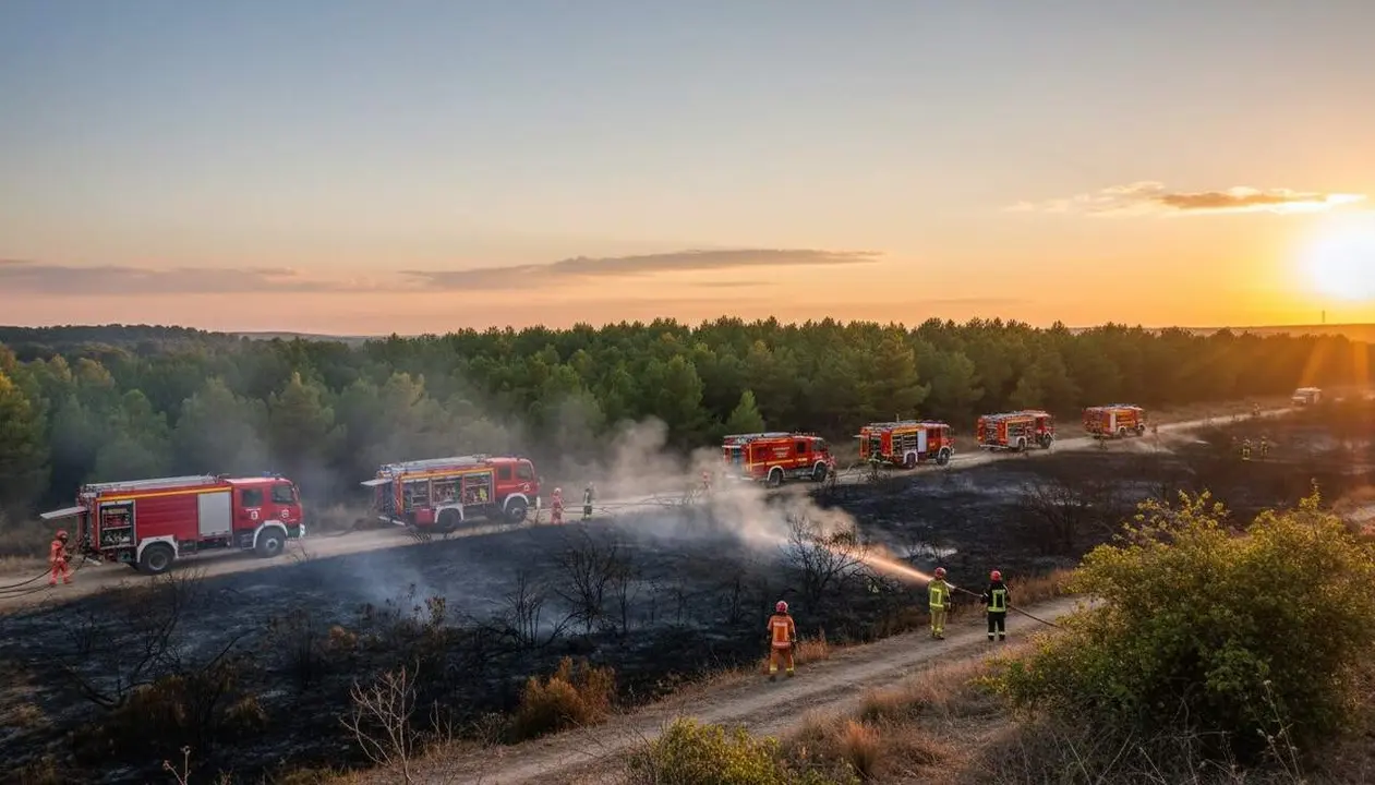 Vista a&egrave;ria de l&rsquo;incendi controlat a Vilanova d&rsquo;Escornalbou amb la massa forestal amena&ccedil;ada al voltant &mdash; Imagen generada por IA