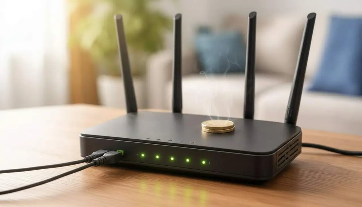 Moneda col&middot;locada sobre un router Wifi per millorar la connexi&oacute; i estabilitzar el senyal de la xarxa a casa &mdash; Imagen generada por IA