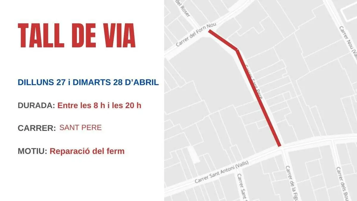 Tall de via a Sant Pere els dies 27 i 28 amb afectaci&oacute; en l&rsquo;acc&eacute;s i la mobilitat ve&iuml;nal durant tot el dia &mdash; Imagen de la Fuente