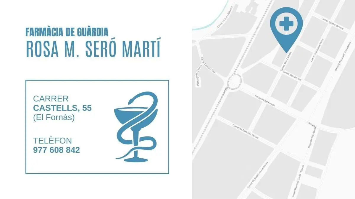 Farm&agrave;cia de gu&agrave;rdia Rosa M. Ser&oacute; Mart&iacute; a Valls avui al carrer Castells 55 amb atenci&oacute; 24 hores i servei urgent &mdash; Imagen de la Fuente