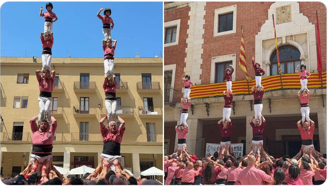Castells impressionants de la Colla Vella amb pilars de 5 i 4 en l&rsquo;actuaci&oacute; a Tortosa el 26 d&rsquo;abril de 2026 &mdash; Imagen de la fuente
