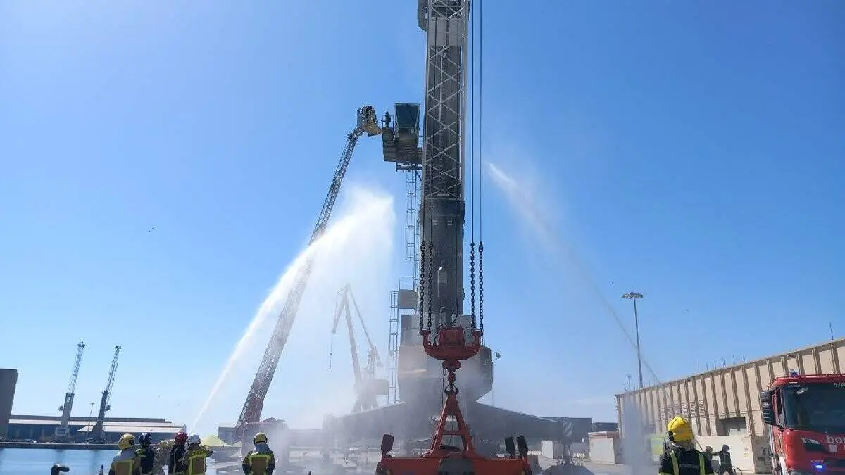 Exercici de rescat en al&ccedil;ada a la grua del moll Rioja de Tarragona