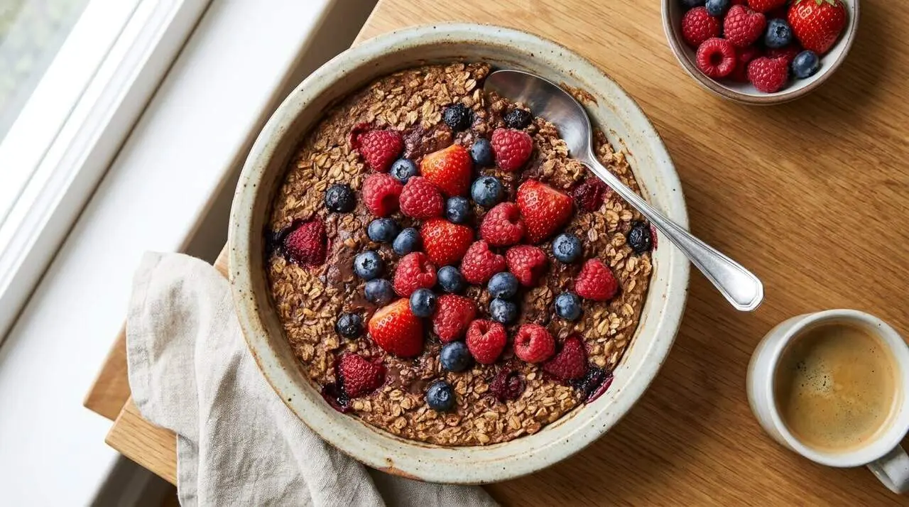  Bud&iacute; d&rsquo;avena al forn amb cacau i fruits vermells frescos per un esmorzar saludable i energ&egrave;tic &mdash; Imagen generada por IA 