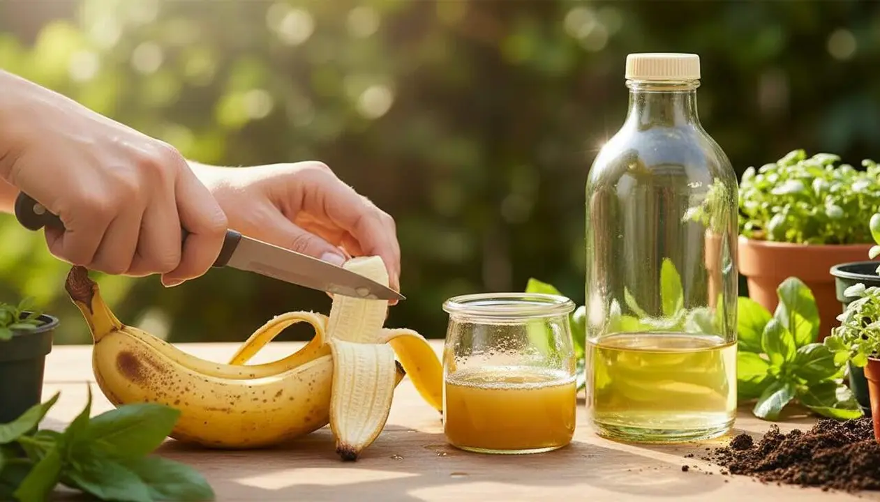  Combinaci&oacute; natural de pell de pl&agrave;tan i vinagre per fomentar el creixement saludable de les plantes al jard&iacute; ecol&ograve;gic &mdash; Imagen generada por IA 