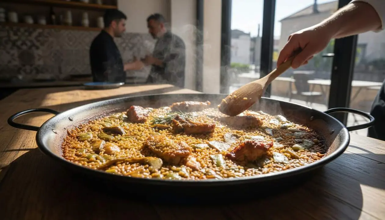  Paella tradicional valenciana preparada per un xef expert amb ingredients frescos i t&egrave;cniques aut&egrave;ntiques &mdash; Imagen generada por IA 