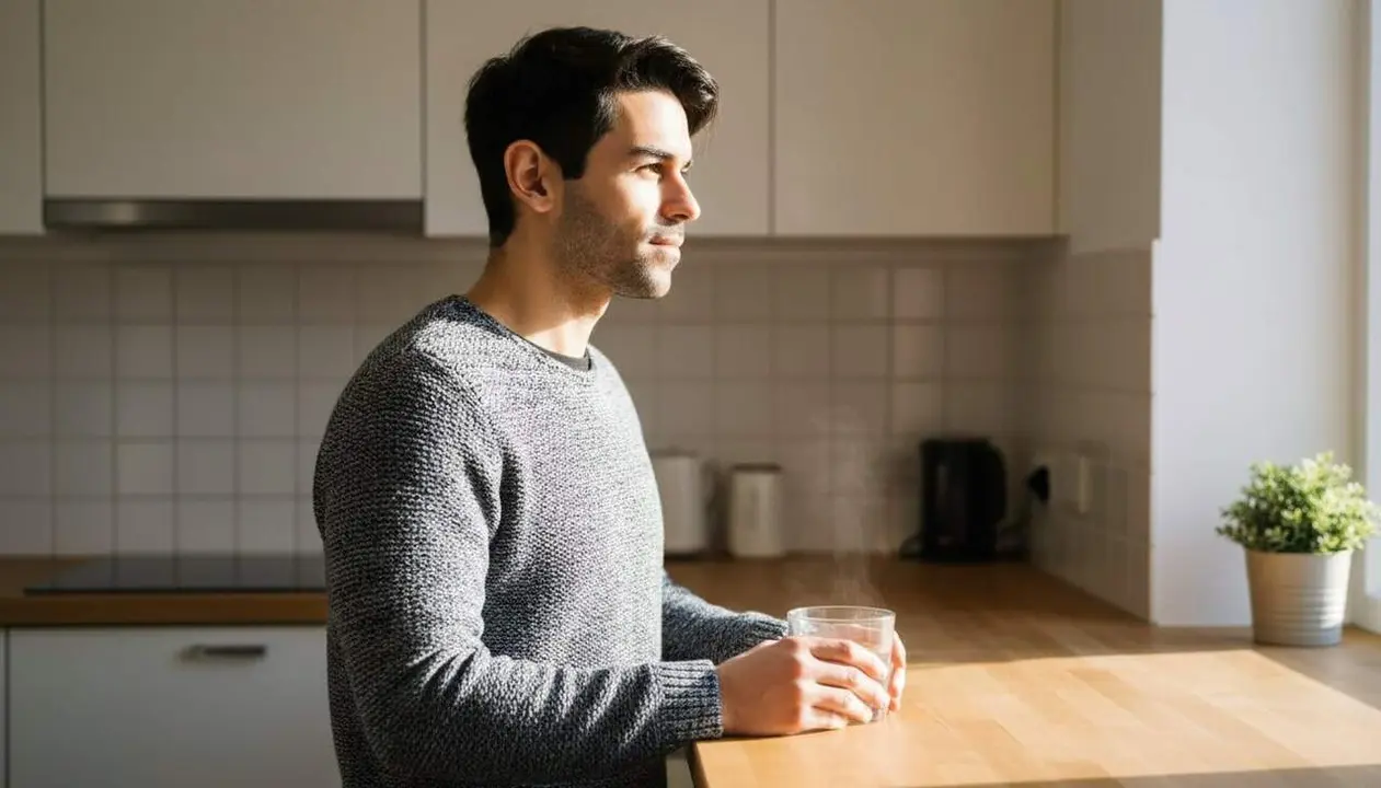 Vaso d&rsquo;aigua calenta en dej&uacute; per activar la digesti&oacute; i potenciar la hidrataci&oacute; corporal saludable cada dia &mdash; Imagen generada por IA