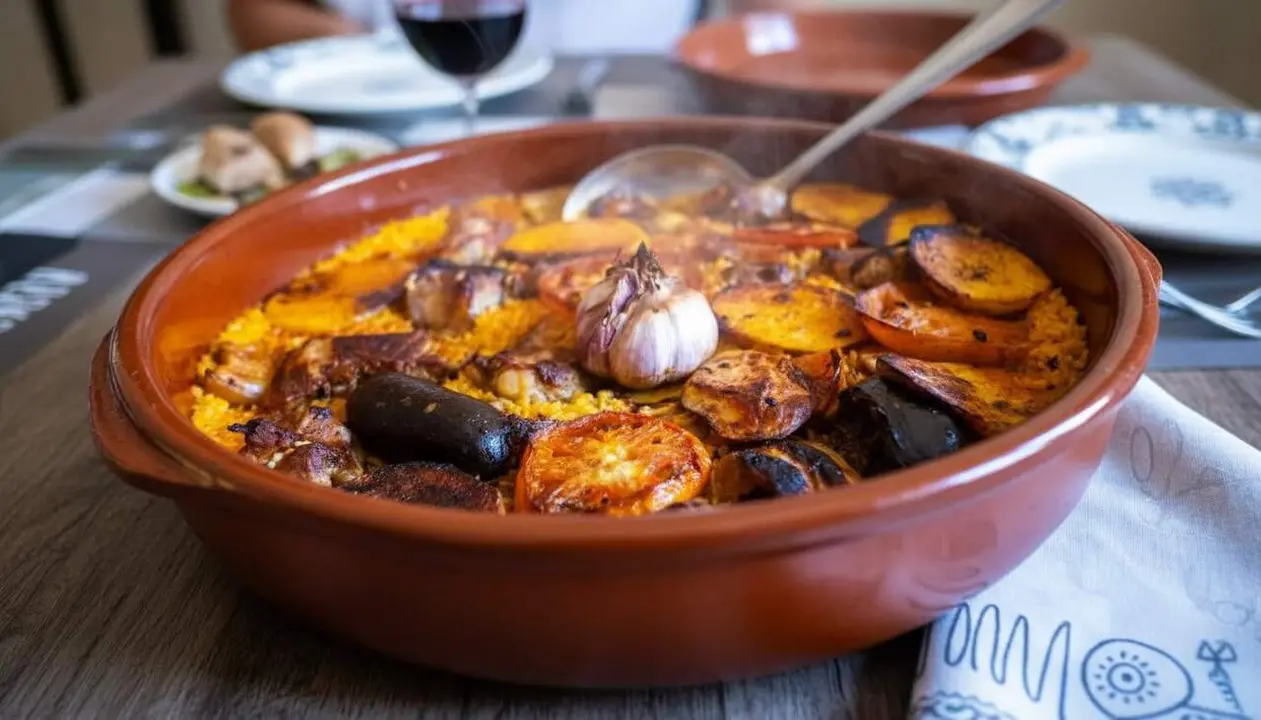 Arrossada al forn valenciana tradicional amb doble brou, costella, panceta i morcilla en un plat mel&oacute;s i cruixent &mdash; Imagen generada por IA