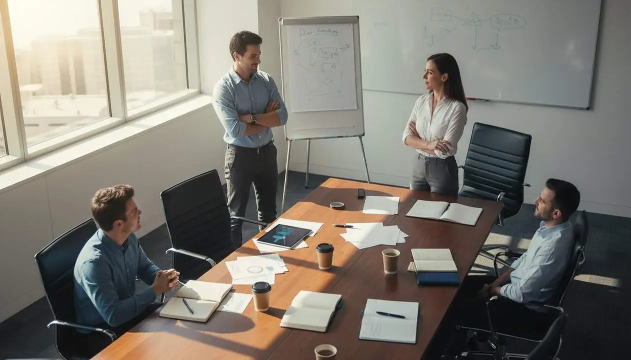 Reuni&oacute; de debat on la decisi&oacute; ja est&agrave; presa i s'exploren possibles alternatives i matisos davant la proposta presentada &mdash; Imagen generada por IA