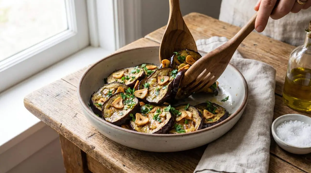  Berenjenes al ajillo amb oli d&rsquo;oliva, all laminat i julivert fresc en un bol de cer&agrave;mica marr&oacute;, recepta tradicional deliciosa &mdash; Imagen generada por IA 