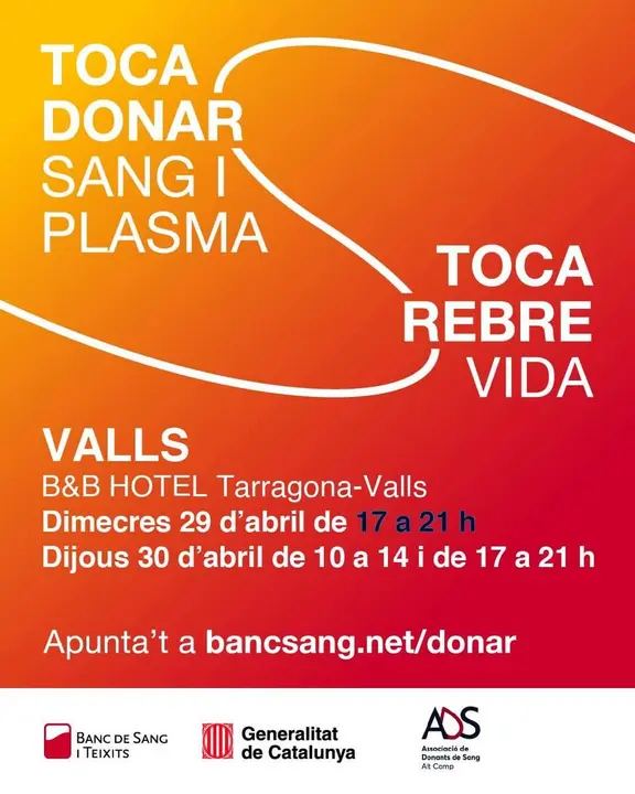  Dona sang i plasma a Valls aquest 30 d&rsquo;abril per salvar vides amb una donaci&oacute; segura i solid&agrave;ria &mdash; Imagen de la Fuente 