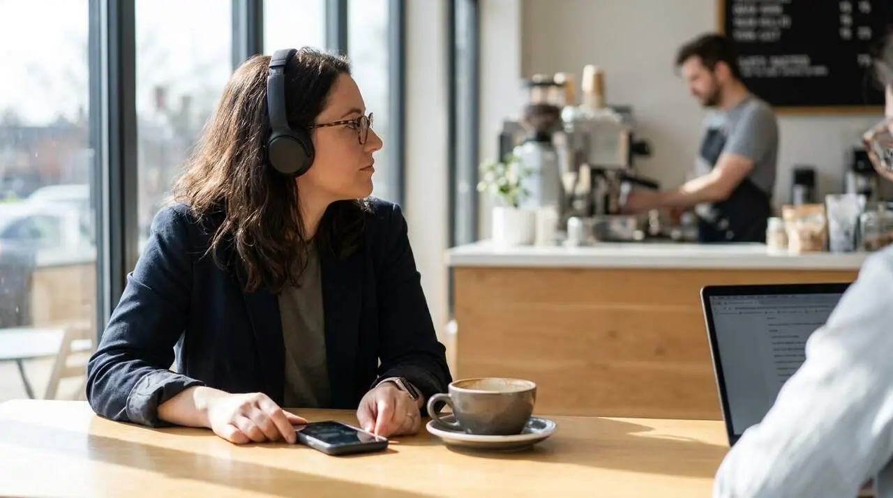 Dona amb cabells arrissats i auriculars escoltant &agrave;udio Bluetooth al m&ograve;bil en un caf&egrave; modern amb transcripci&oacute; de veu a text &mdash; Imagen generada por IA