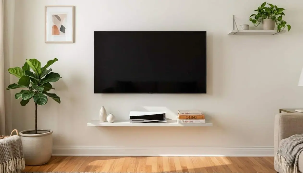 Sala d&rsquo;estar moderna amb televisor de pantalla plana i tecnologia avan&ccedil;ada que substitueix l&rsquo;estant tradicional de TV &mdash; Imagen generada por IA