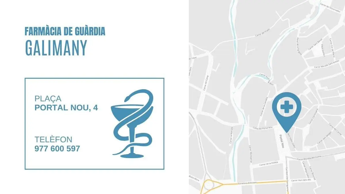 Farm&agrave;cia de gu&agrave;rdia avui a Valls Galimany ubicaci&oacute; i horaris a Pla&ccedil;a Portal Nou 4 per atenci&oacute; immediata de salut &mdash; Imagen de la Fuente
