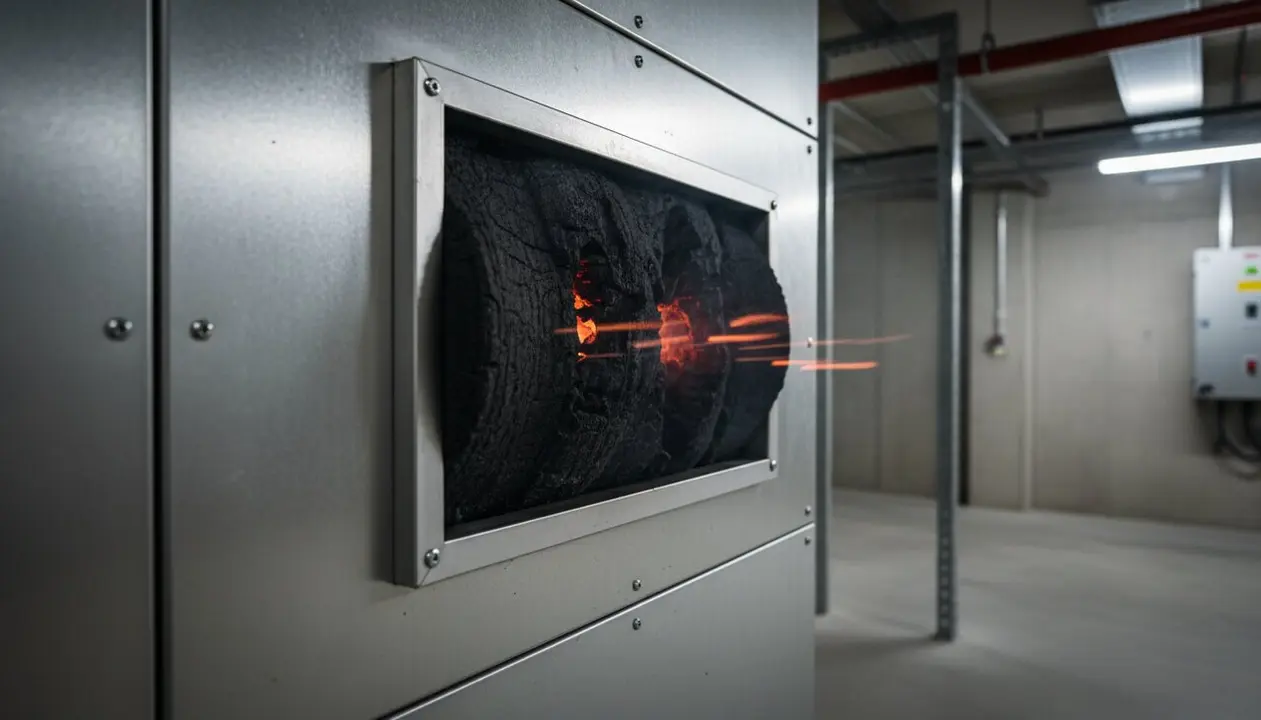  Reixeta intumescent en un conducte de ventilaci&oacute; segellant el pas del fum i el foc en un edifici modern &mdash; Imagen generada por IA 