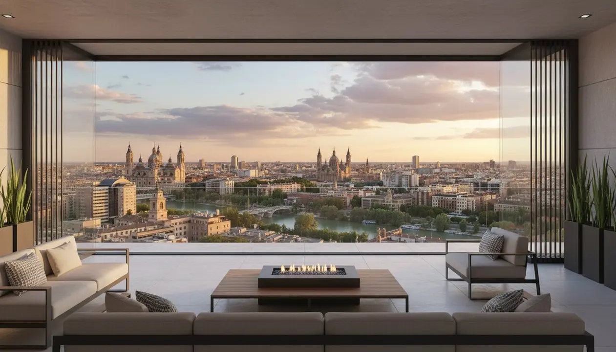  terrassa moderna amb cortines de vidre obertes i vista urbana de Saragossa &mdash; Imagen generada por IA 