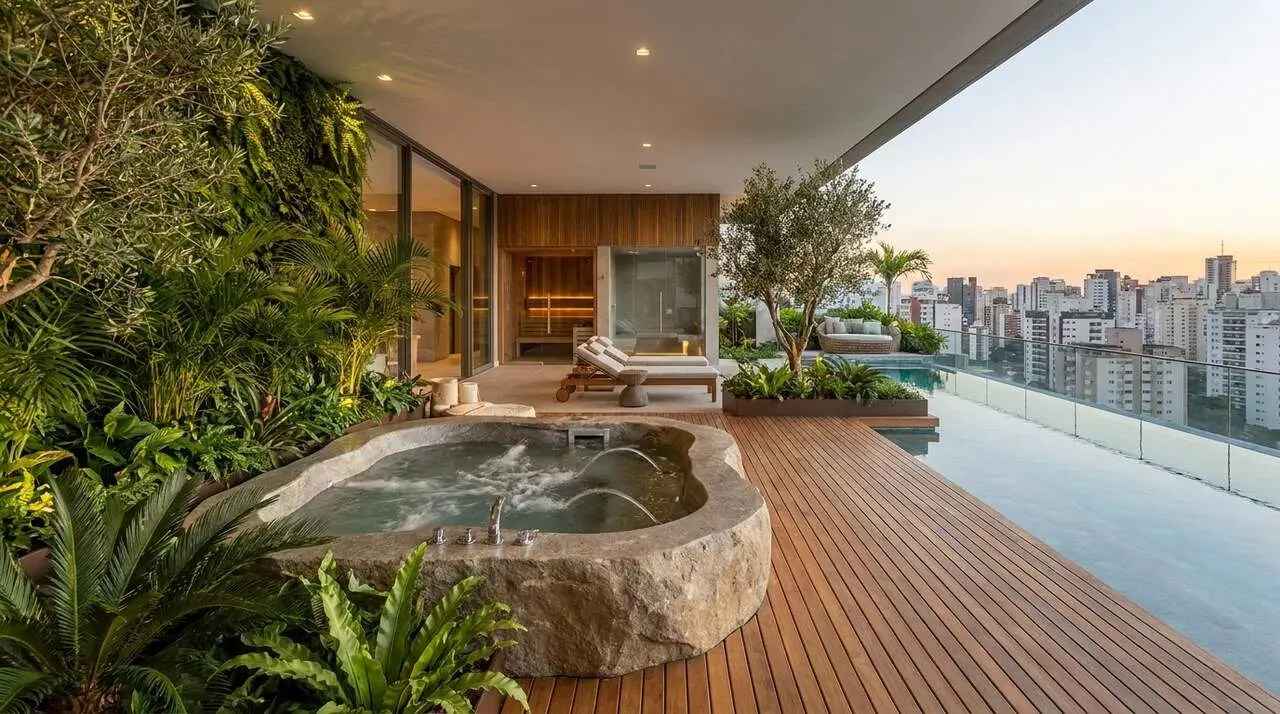  Interior modern amb spa i hidromassatge integrat en una terrassa amb vistes urbanes i plantes verdes &mdash; Imagen generada por IA 