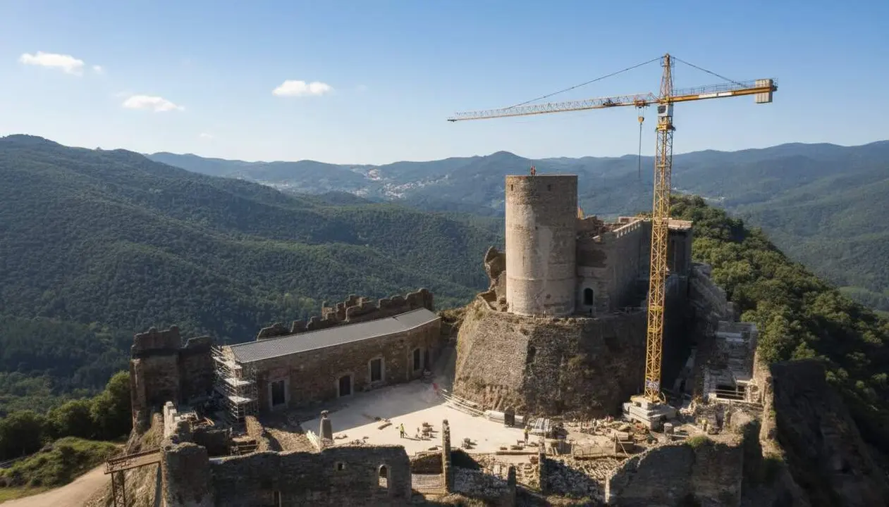  Vista panor&agrave;mica del castell g&ograve;tic de Montsoriu envoltat de natura i muntanyes al cor de la Selva &mdash; Imagen generada por IA 