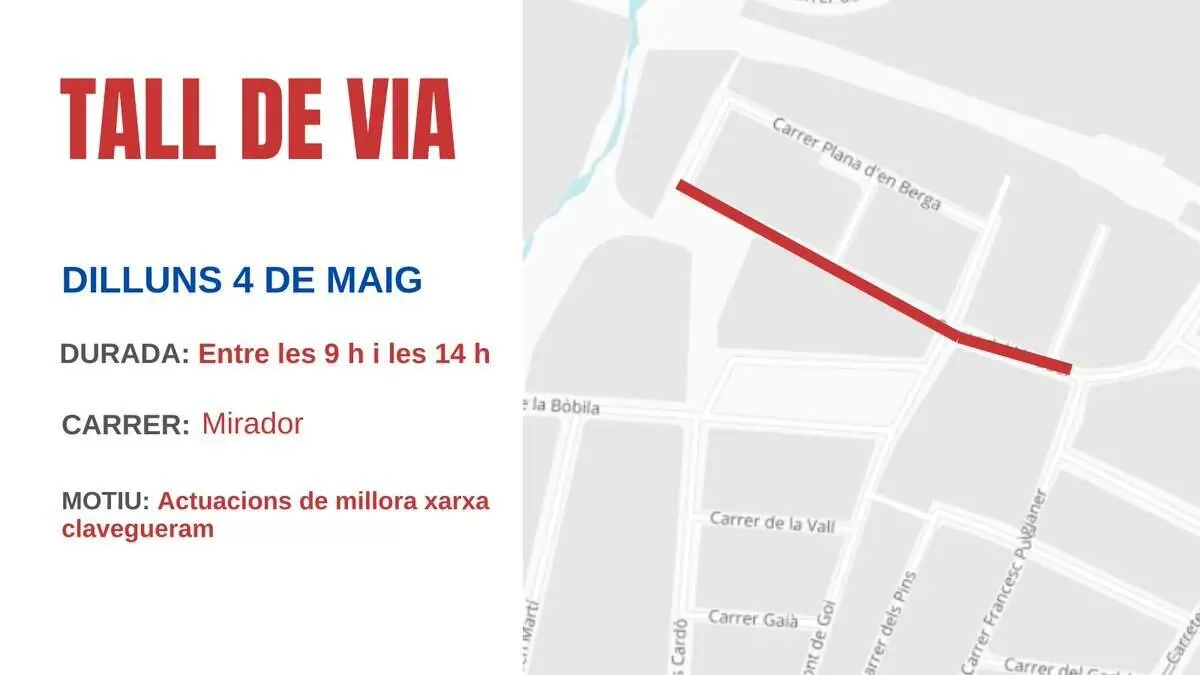  Tall temporal al carrer Mirador de Valls per obres a la xarxa de clavegueram entre Plana d'en Berga i General Comerma &mdash; Imagen de la Fuente 
