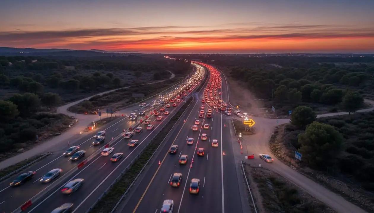  Retencions a l'AP-7 a Vandell&ograve;s amb pas alternatiu i caos circulatori en sentit nord cap a Girona a l&rsquo;hora punta &mdash; Imagen generada por IA 