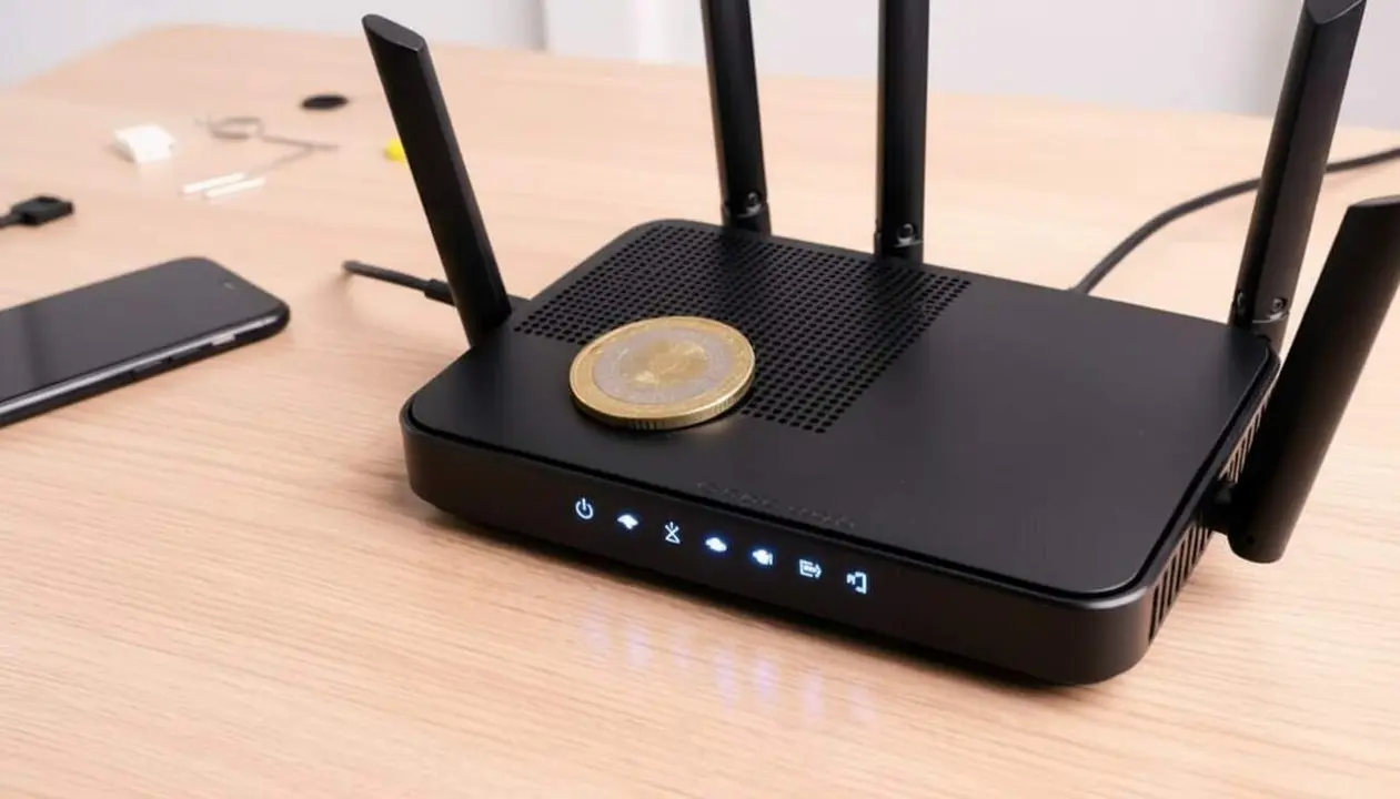  Moneda posada sobre router WiFi per millorar la connexi&oacute; i potenciar la senyal sense problemes de caigudes &mdash; Imagen generada por IA 