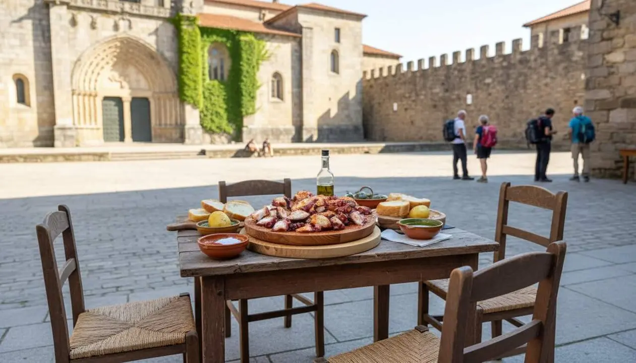  Vista panor&agrave;mica del poble de Ga on es menja el millor pop i es troba una catedral rom&agrave;nica amb muralles del segle XII al Cam&iacute; de Santiago &mdash; Imagen generada por IA 