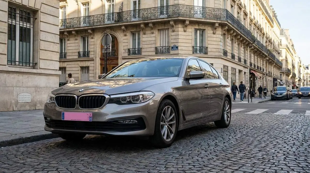  Cotxe amb matr&iacute;cula rosa a Fran&ccedil;a que anuncia la nova normativa a Espanya el 2026 per a vehicles sostenibles &mdash; Imagen generada por IA 