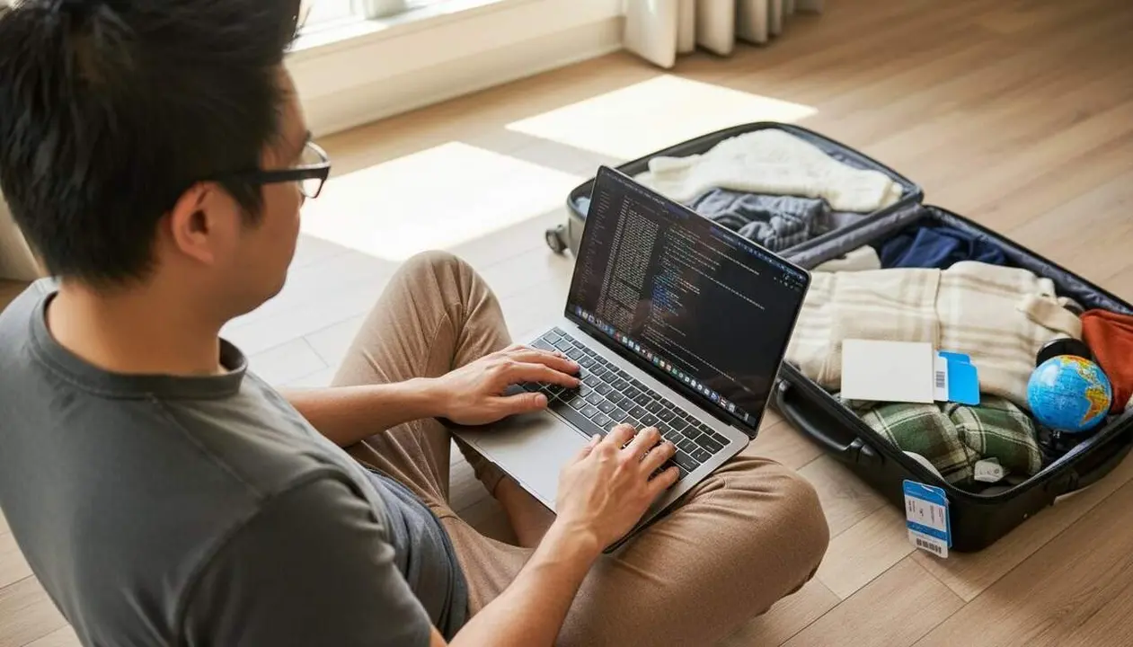 Programador treballant amb port&agrave;til mig obert en un espai de treball modern i connectat &mdash; Imagen generada por IA