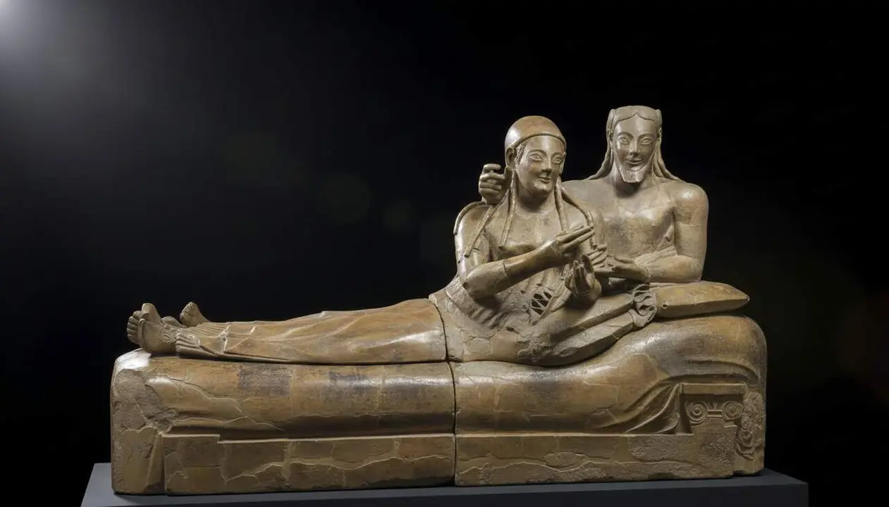 Sarc&ograve;fag dels esposos, urna funer&agrave;ria exposada al Museu Nacional de la Vil&middot;la Giulia a Roma. Aquest &eacute;s un dels s&iacute;mbols etruscs m&eacute;s important. Imatge real retocada amb IA.