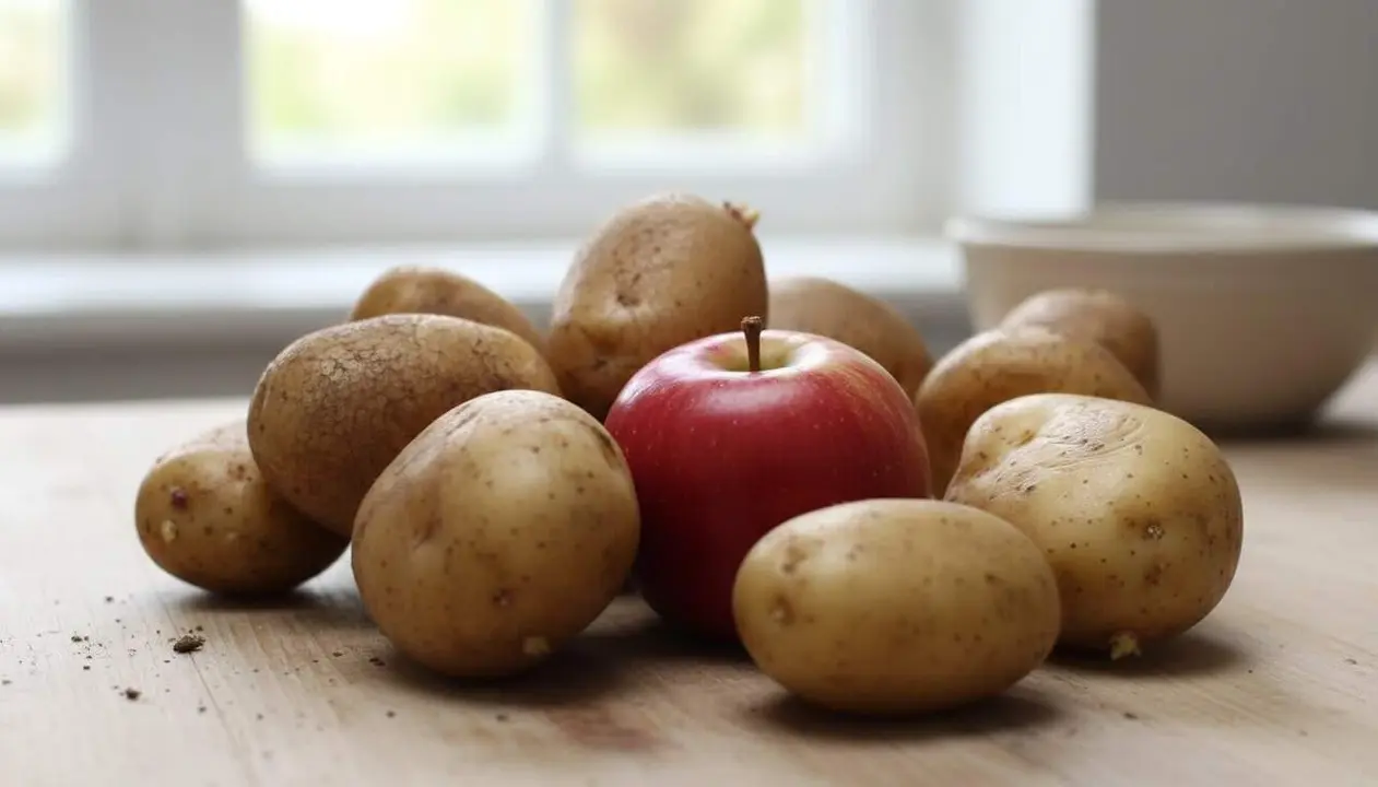 Patates fresques i sense germinaci&oacute; guardant-les al costat d&rsquo;una poma fresca per conservar millor &mdash; Imagen generada por IA