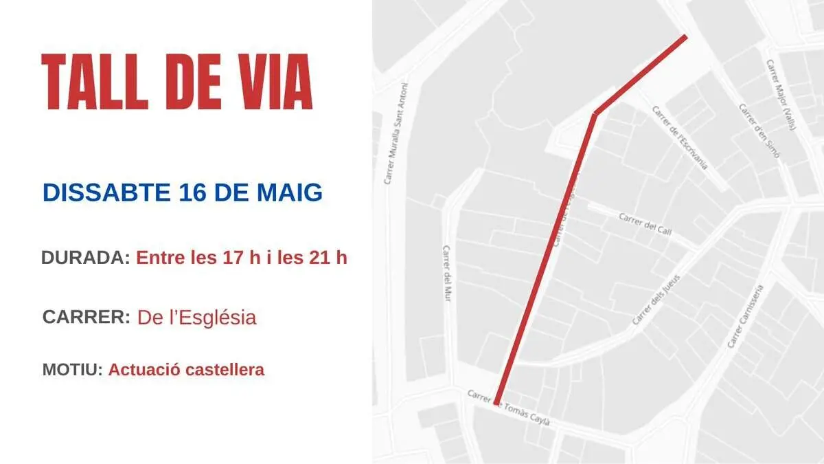  Tall de via a Valls dem&agrave; entre les 17 i 21 hores per actuaci&oacute; castellera al carrer de l&rsquo;Esgl&eacute;sia &mdash; Imagen de la Fuente 