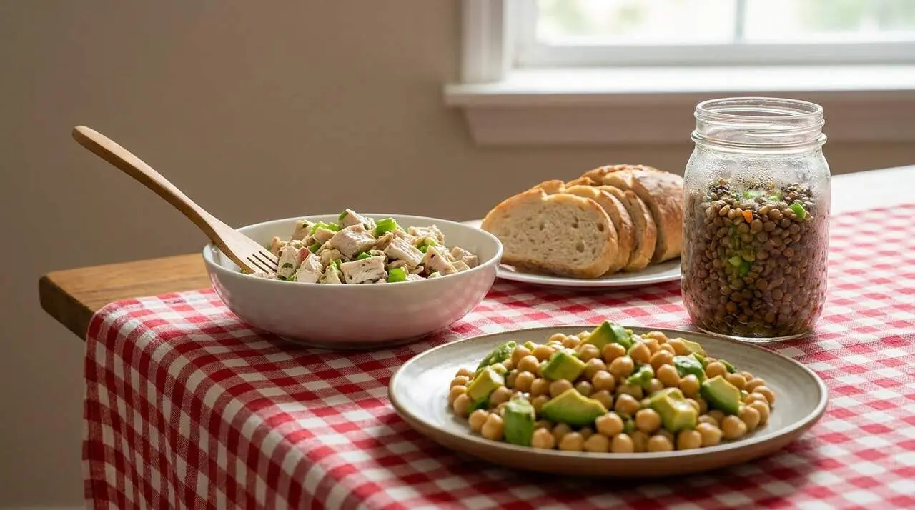  Taula de fusta amb estovalles a quadres i plats per a dinar saludable i r&agrave;pid a casa &mdash; Imagen generada por IA 