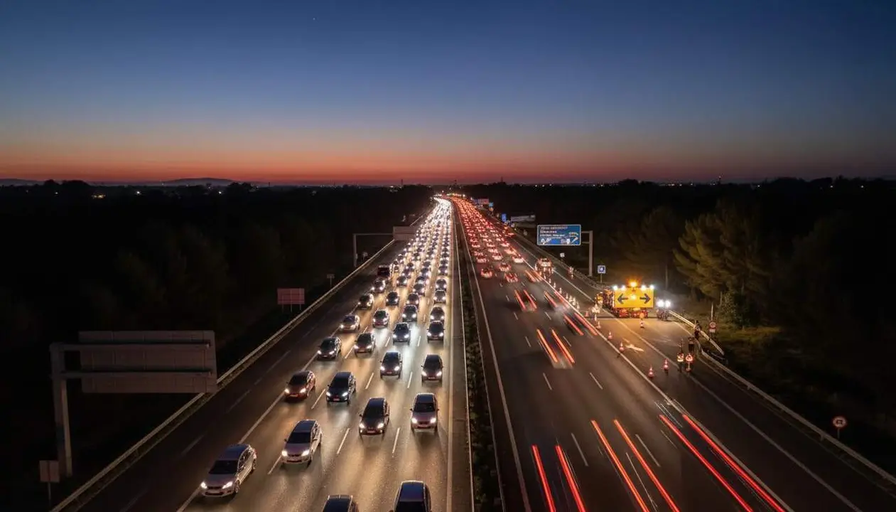  Congesti&oacute; nocturna a l&rsquo;AP-7 a Vandell&ograve;s amb desviaments i cues a la carretera sentit Barcelona &mdash; Imagen generada por IA 