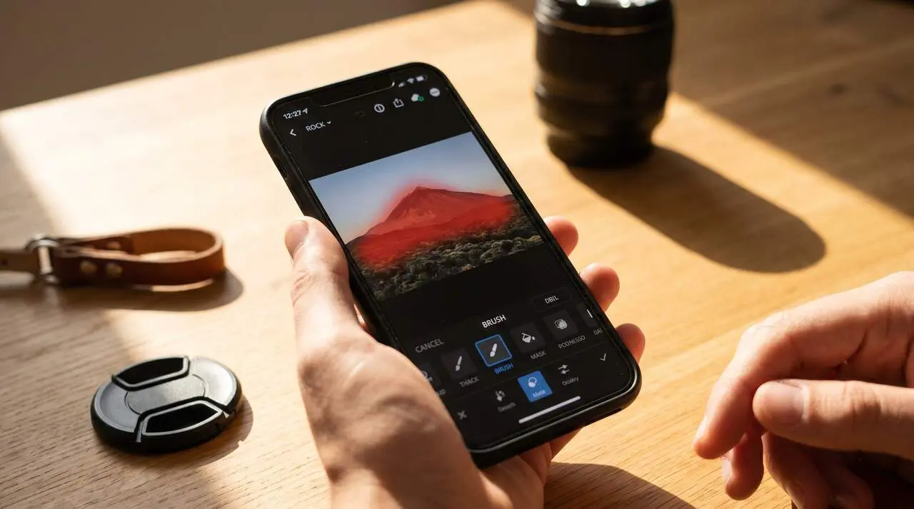  Captura de pantalla de Snapseed 4.0 mostrant les noves funcions d'edici&oacute; intel&middot;ligent i m&agrave;scares per a fotos professionals &mdash; Imagen generada por IA 