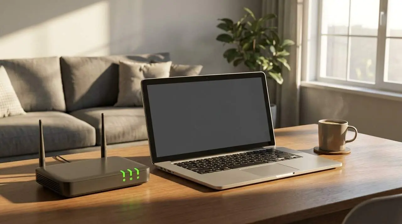 Router WiFi avan&ccedil;at amb llums d&rsquo;error i port&agrave;til per optimitzar la velocitat de connexi&oacute; a casa &mdash; Imagen generada por IA