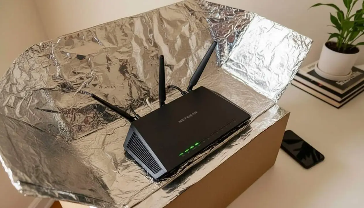 Paper d&rsquo;alumini sota el m&ograve;dem WiFi per millorar la connexi&oacute; i augmentar la velocitat d&rsquo;internet a casa &mdash; Imagen generada por IA