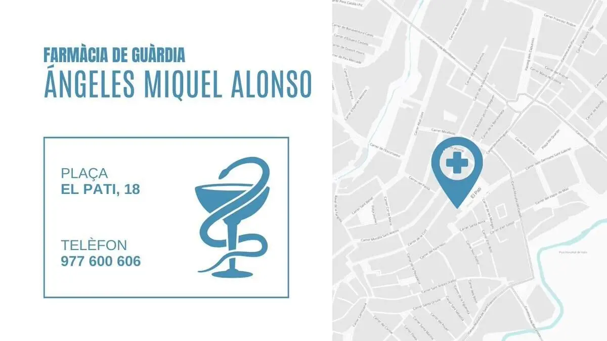  Farm&agrave;cia de gu&agrave;rdia &Aacute;ngeles Miquel Alonso a la Pla&ccedil;a del Pati 17 a Valls amb servei aquest 24 de maig de 2026 &mdash; Imagen de la Fuente 