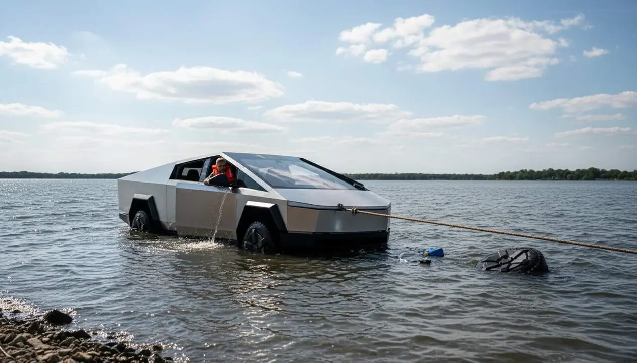  Tesla Cybertruck flotant al llac despr&eacute;s de la fallida promesa d'Elon Musk amb el vehicle el&egrave;ctric futurista &mdash; Imagen generada por IA 