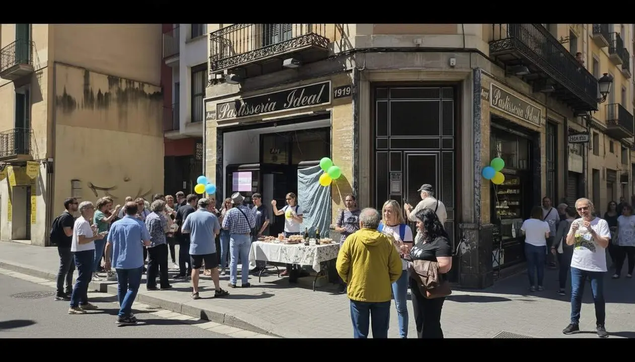  Festa popular al carrer per acomiadar la Pastisseria Ideal de Gr&agrave;cia despr&eacute;s de m&eacute;s d&rsquo;un segle dol&ccedil; de tradici&oacute; i esperan&ccedil;a futura &mdash; Imagen generada por IA 